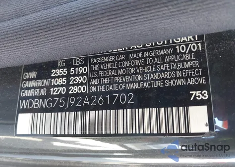 2002 Mercedes-Benz S 500 из США, поврежденный, VIN WDBNG75J92A261702